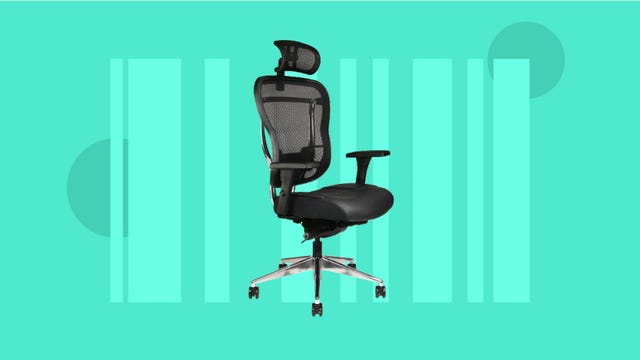 Black office chair with headrest on a barcode background