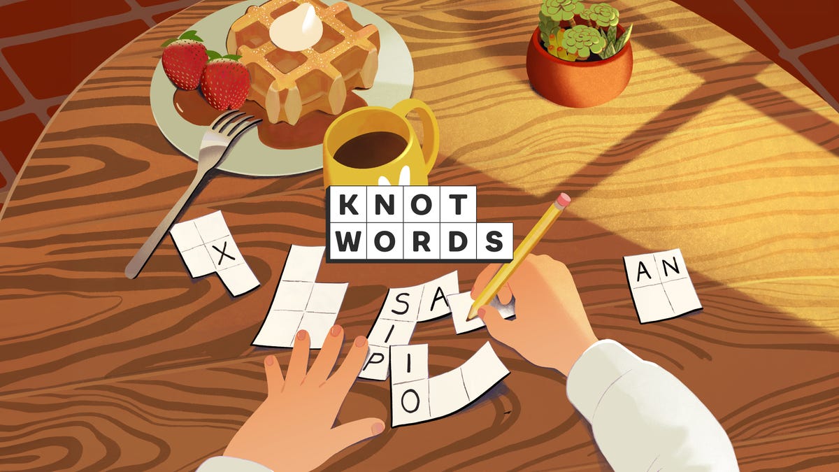 The Knotwords Plus title card showing someone writing on squares of paper
