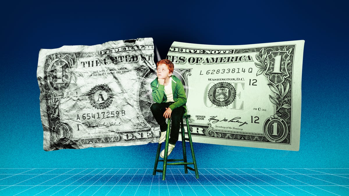 illustration of a child sitting in front of a large dollar bill