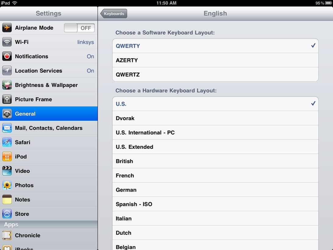 iPad keyboard-layout options in Settings under General > Keyboard