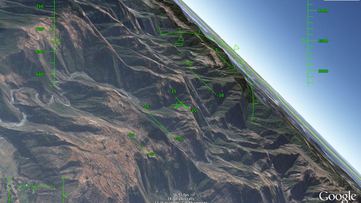 Google Earth has a built-in flight simulator. It helpfully offers to start you out at Kathmandu for some exciting views of the Himalayan mountains.