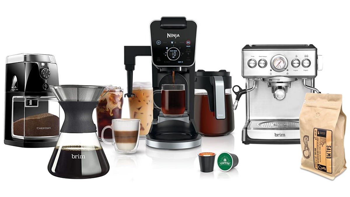 A collection of coffee and coffee-making accoutrements including a coffee grinder, an espresso machine, and cold-brew/hot-brew coffee makers.