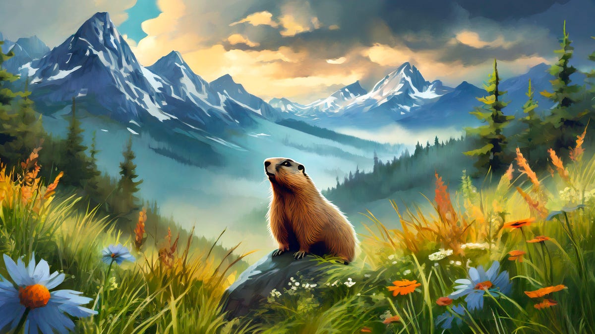An Adobe AI-generated image of a groundhog perched on a rock with flowers in the foreground and stormy mountains in the background.
