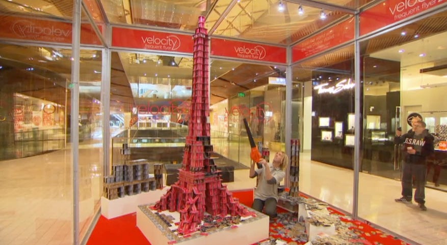 Bryan Berg, card stacking master, builds the Eiffel Tower