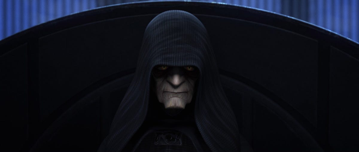 Emperor Palpatine gazes directly into the camera in Star Wars: The Bad Batch season 2