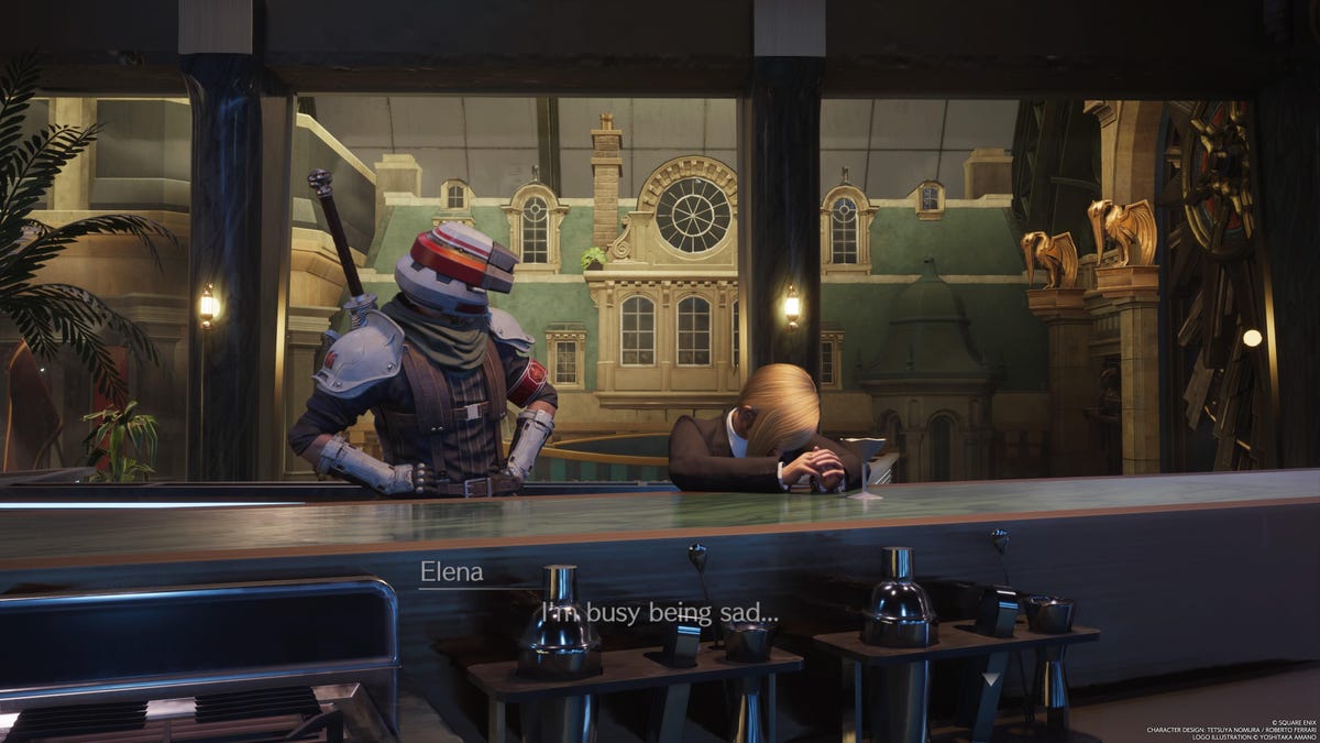 Cloud, disguised in a Shinra grunt uniform, stands next to a despondent Elena at an upscale bar. 