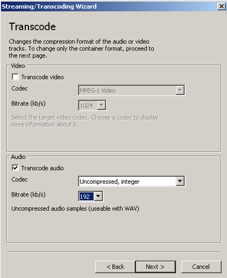 Screenshot of VLC streaming export wizard.