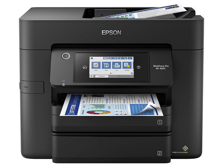 Black Epson printer with two paper trays against a white background