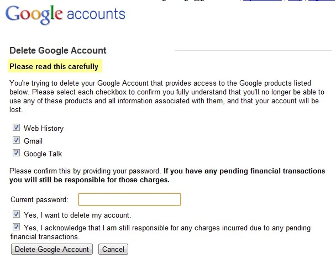 Google account-cancellation page