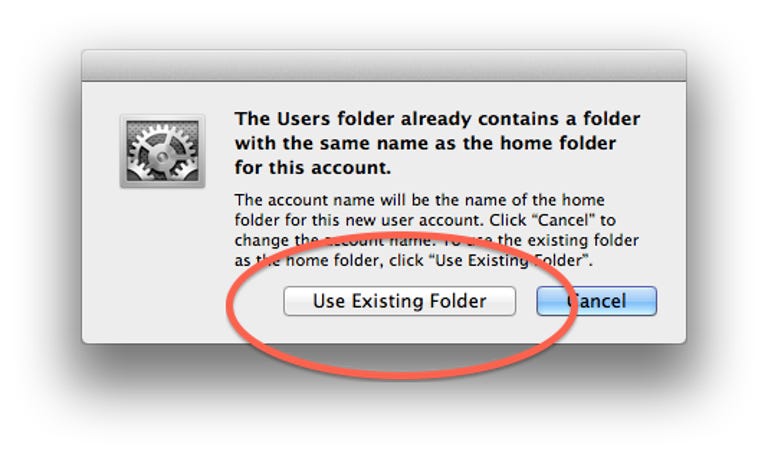 Existing home folder warning