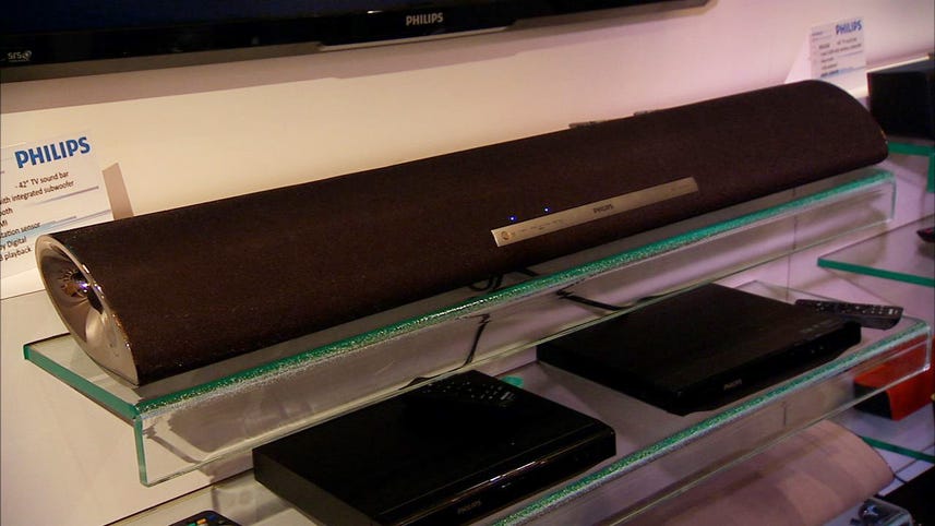 The Philips HTL5120 sound bar has an integrated subwoofer