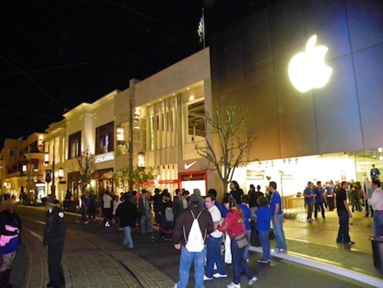 Apple Store at The Grove in the Beverly Hills area of Los Angeles.  Lines are still forming for the iPad 2. When the line gets too long, the store truncates it by moving most of the people about a block away.