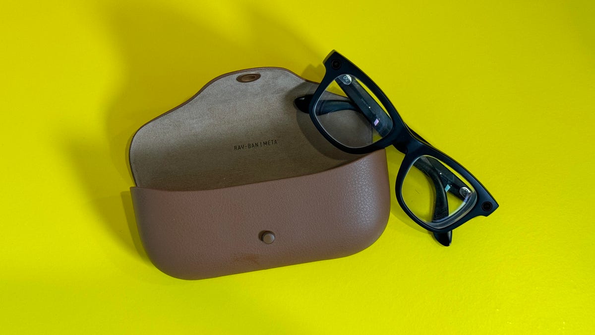Meta Ray-Bans next to their leather carry case