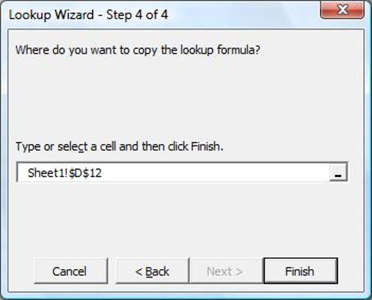 Step 4 of the Microsoft Excel Lookup Wizard