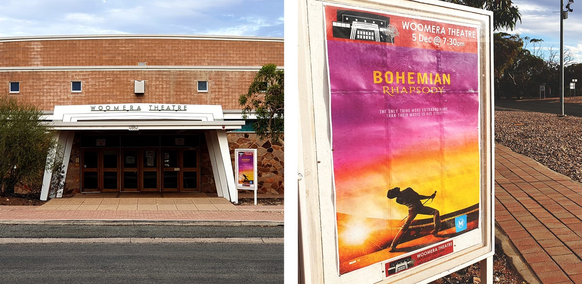 Exterior of the Woomera Theatre and, nearby, a movie poster for Bohemian Rhapsody.