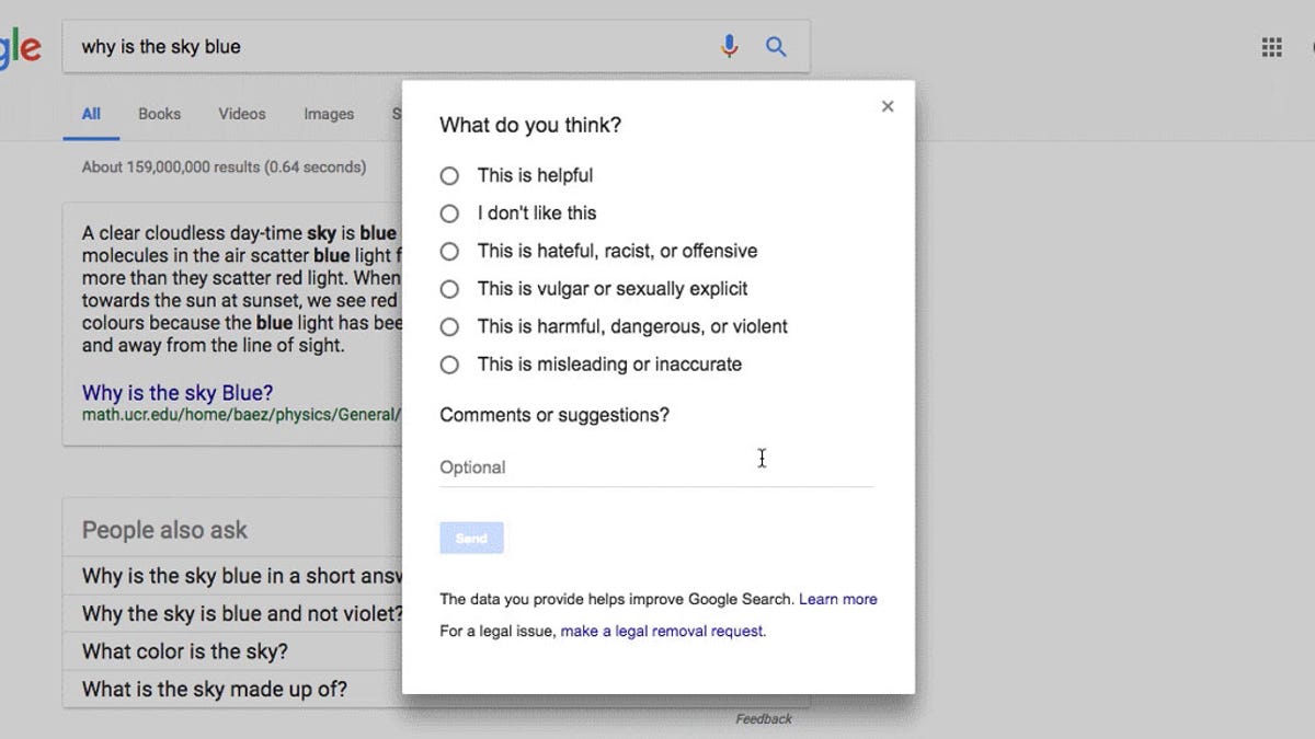 Google asks "What do you think?" about the search results you got.