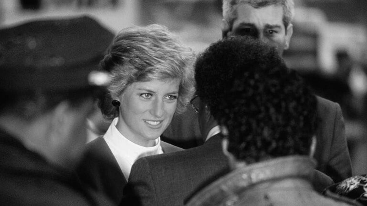A black and white image of Diana, Princess of Wales.