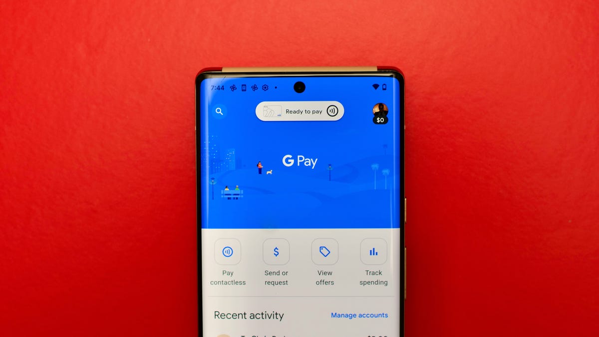 A Google Pixel 6 Pro phone with the Google Pay app on the screen