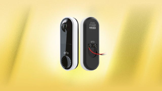 The front and back of an Arlo Essential video doorbell against a yellow background.