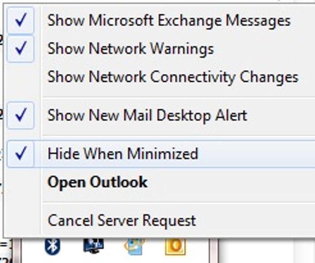 Microsoft Outlook notification-area context menu