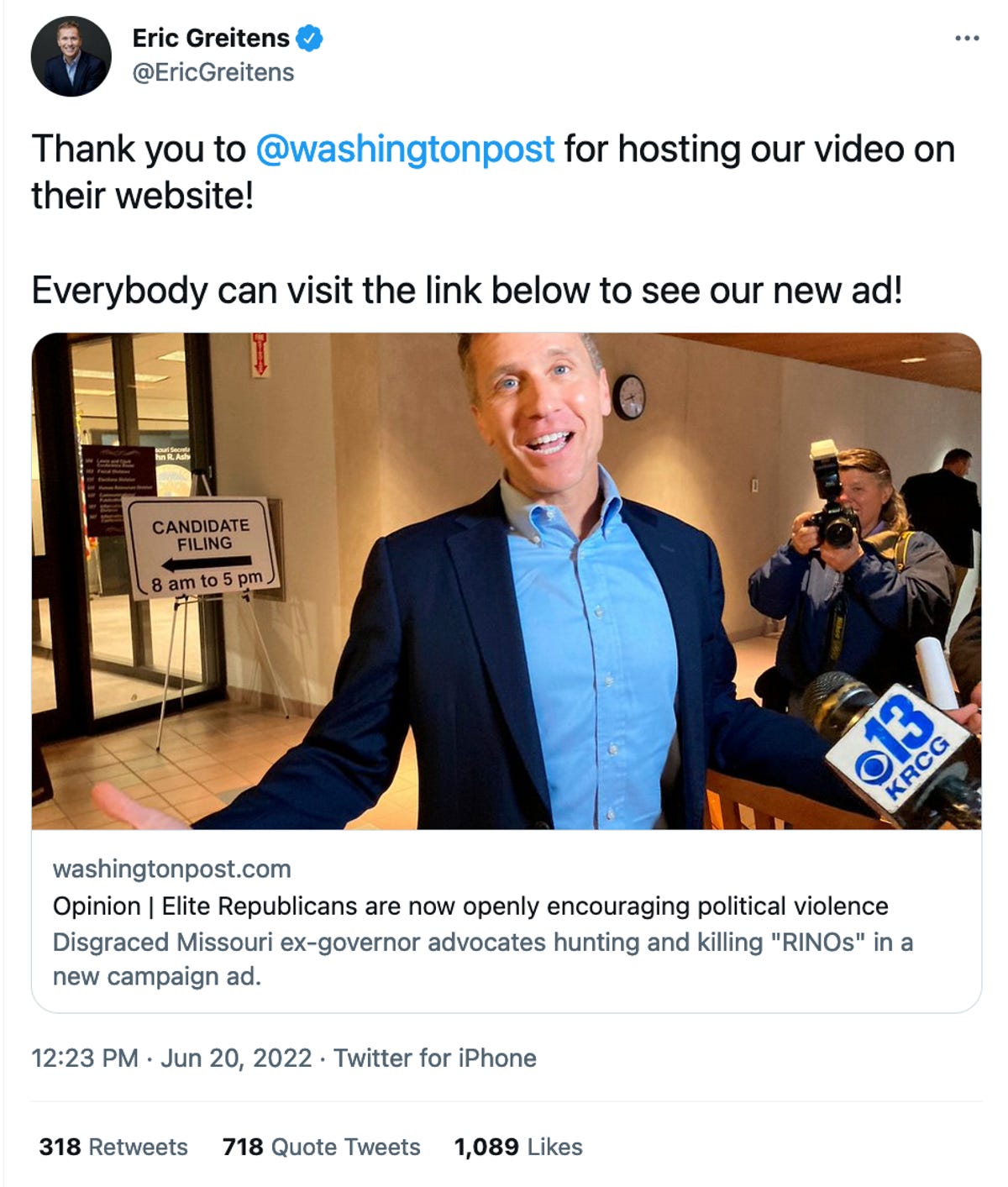 Um tweet de Eric Greitens agradecendo ao Washington Post por publicar seu vídeo.