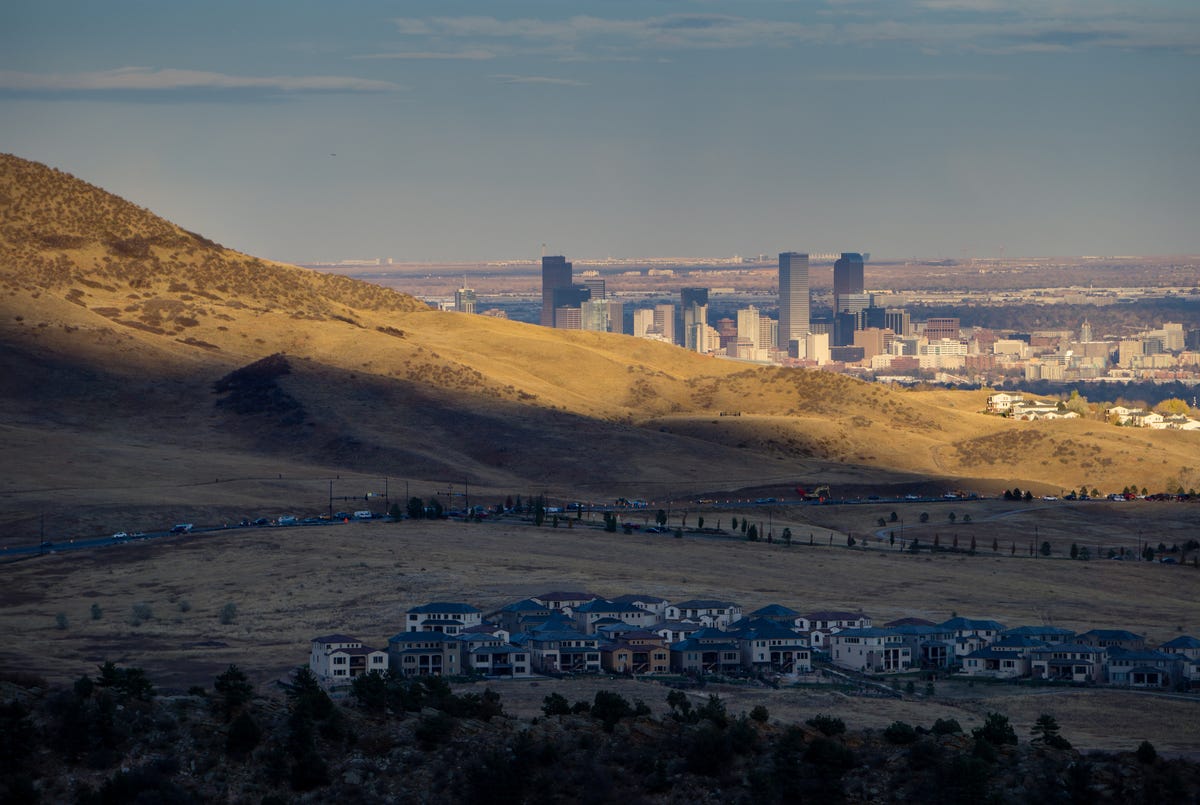 Aerial view of Lakewood, Colorado with Denver visible in the background.