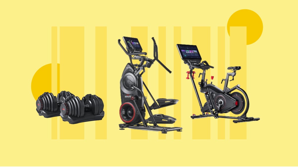Various Bowflex fitness equipment is displayed against a yellow background.