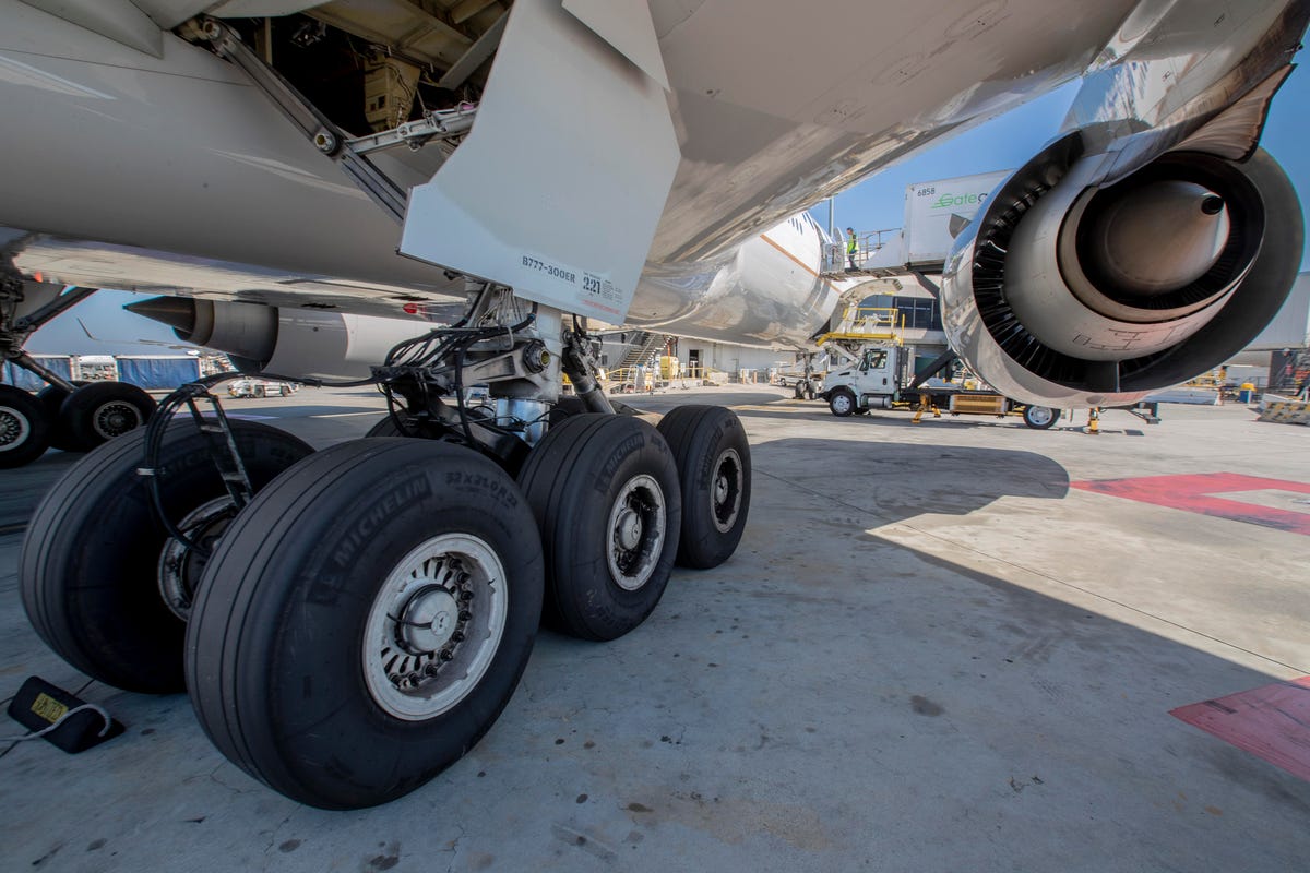 Rubber wedges called chocks are placed around an airplane's landing gear to keep the plane from moving.