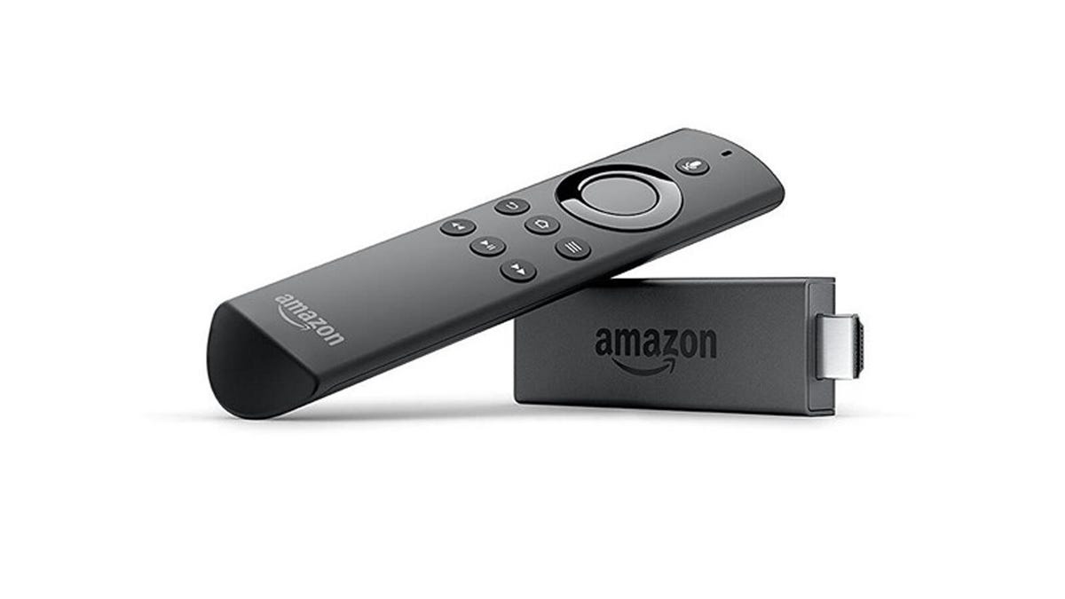 The Fire TV Stick and Alexa voice remote are displayed against a white background.