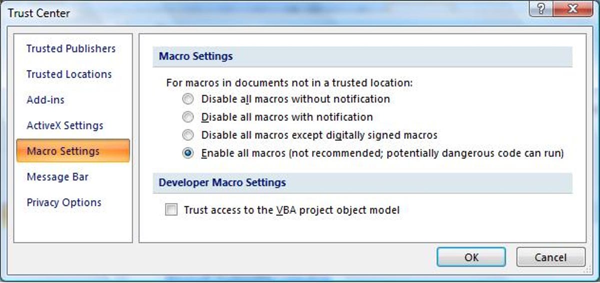 Microsoft Word 2007 Macro Security dialog box