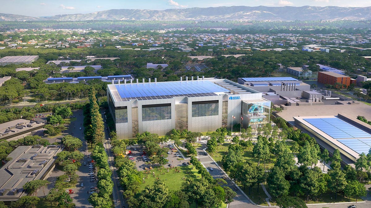 A rendering of the planned Applied Materials' EPIC Center, a gleaming R&D building in Silicon Valley