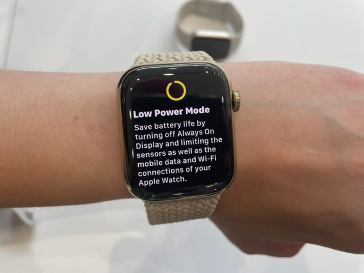 A description of Low Power Mode being shown on the Apple Watch Series 8.