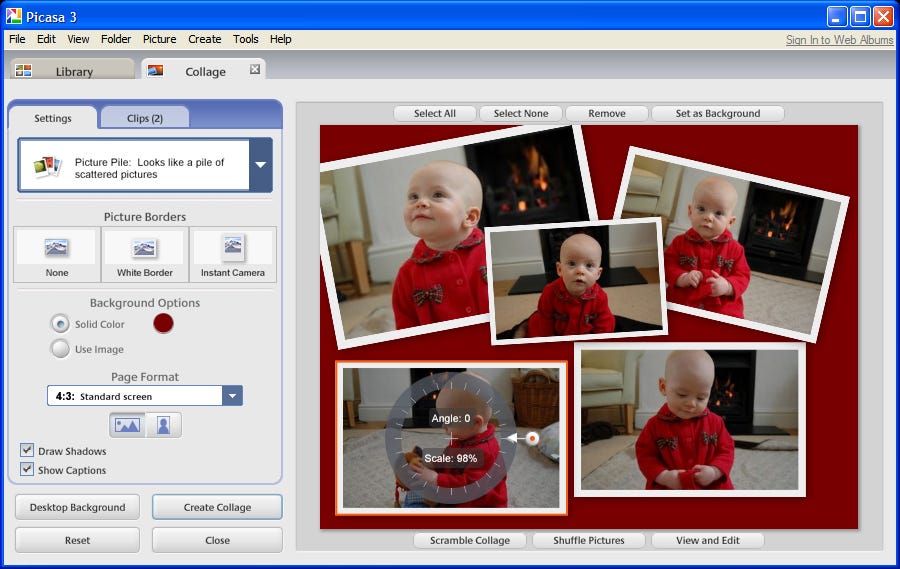 A collage mode in Picasa lets users create poster-size collections, sizing and placing each snapshot.