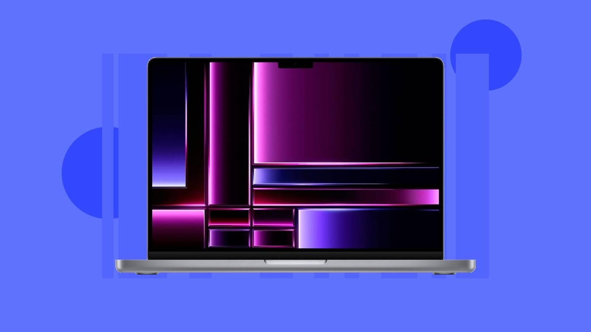 An open MacBook laptop against a blue/purple background.