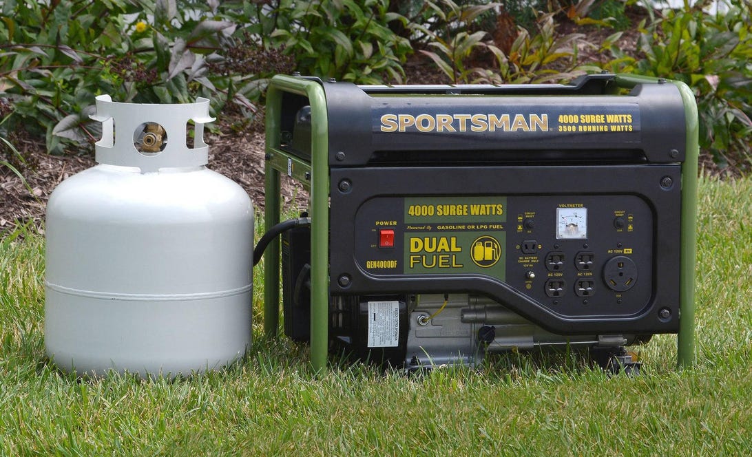 The Sportsman dual fuel generator sits on the grass