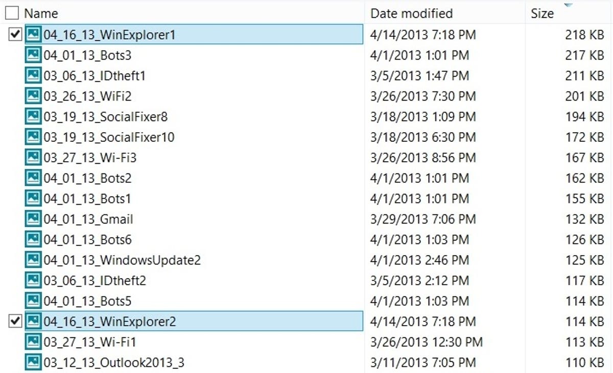 Windows 8 File Explorer with full-row selection disabled