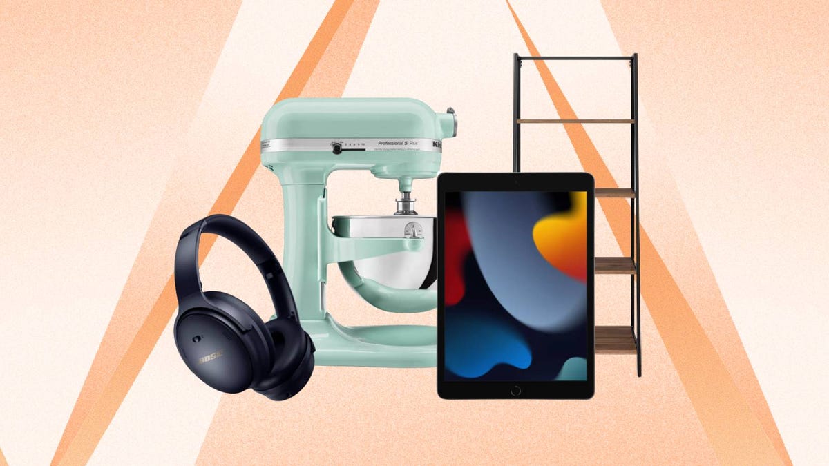A stand mixer, shelf, tablet and pair of headphones against an orange background.