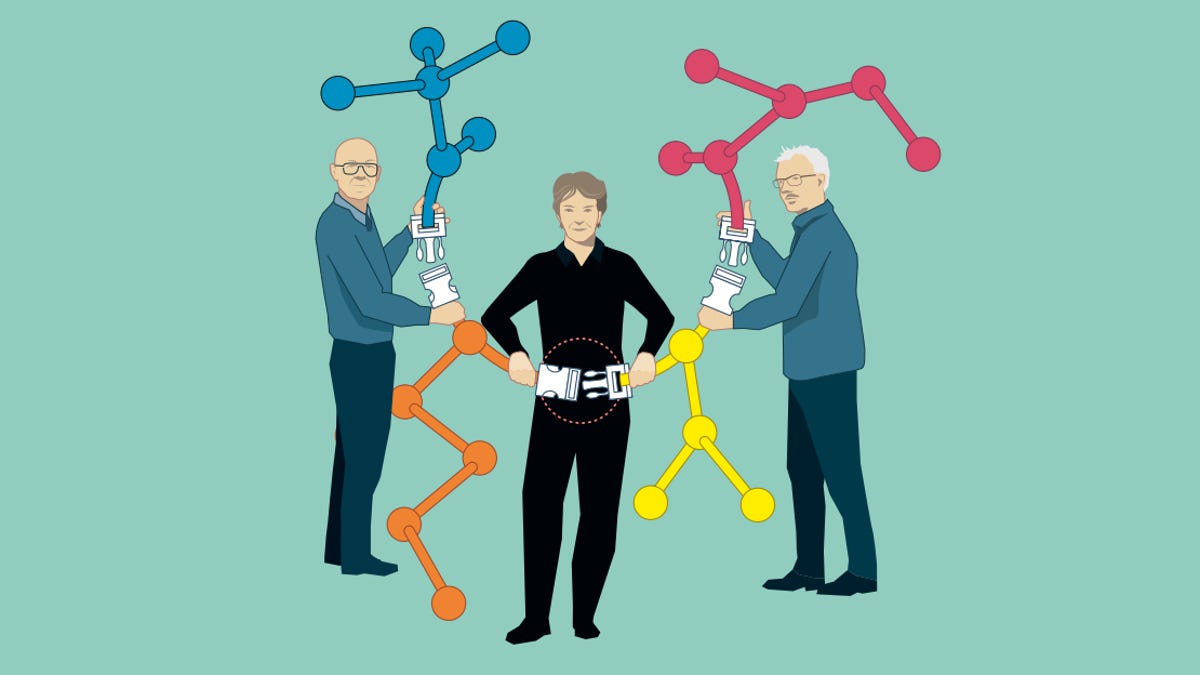 Illustration showing the 2022 winners of the Nobel Prize in chemistry, holding click-together molecules