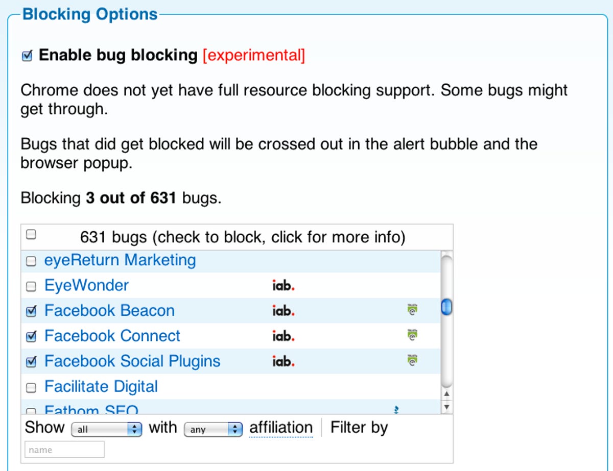 Ghostery Blocking Options dialog