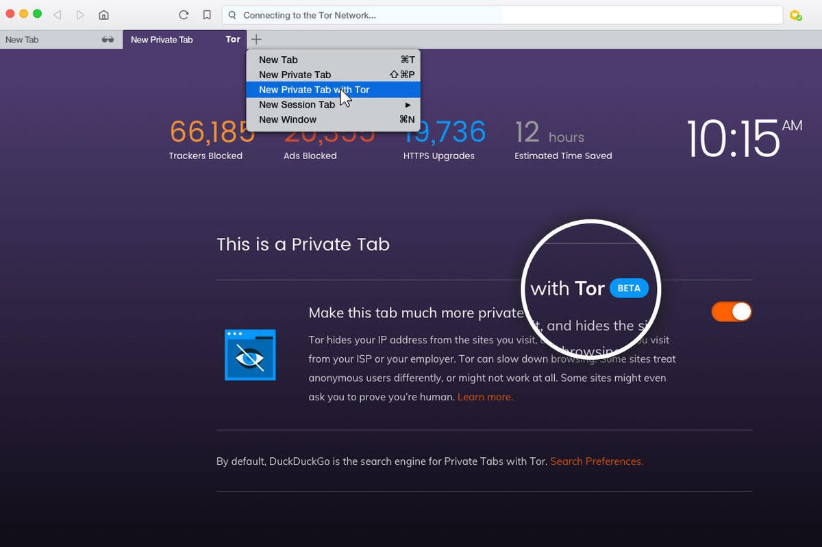 Brave private tabs powered by Tor can be invoked from the file menu, the new-tab 