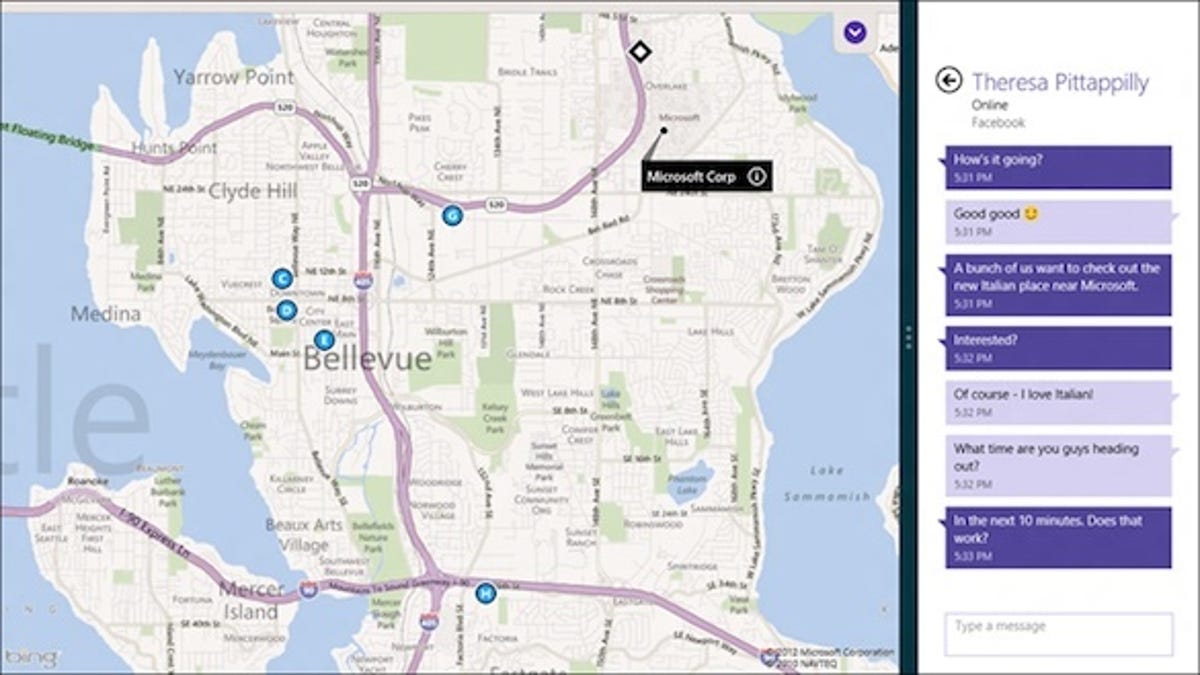 A Windows 8 Messaging app 'snapped' next to the Maps app. 'Two apps at once, even on a tablet.'
