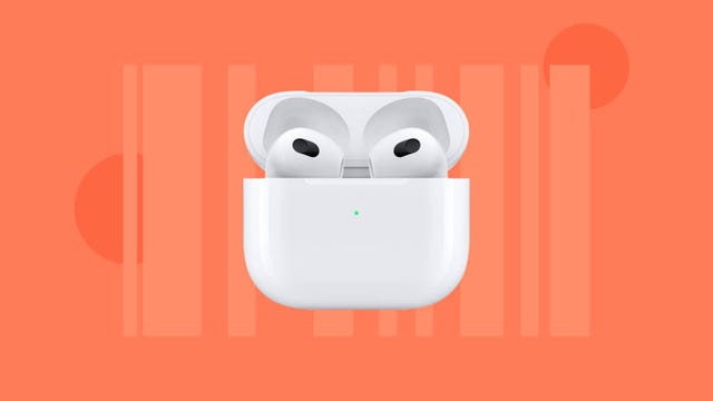 Apple AirPods 3 are displayed on an orange background.