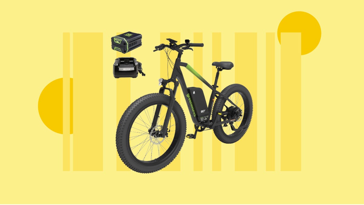 The All Terrain 80V e-bike from Greenworks is displayed against a yellow background.