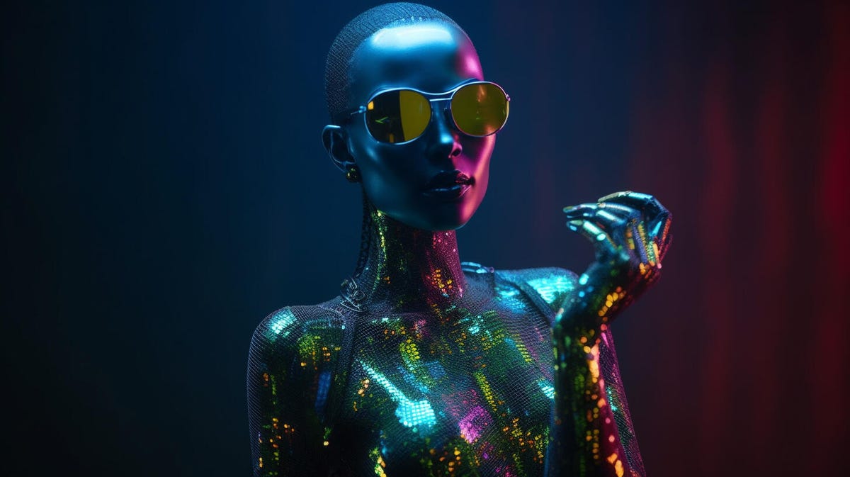 Midjourney-generated image of a female robot wearing sunglasses.