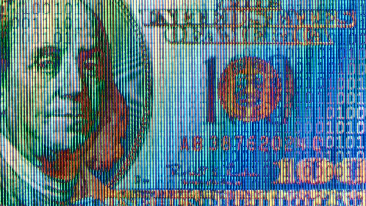 Rendering of a $100 bill with ones and zeros on it.