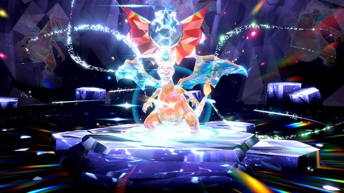 Charizard morphing into its crystalline Terastal form.