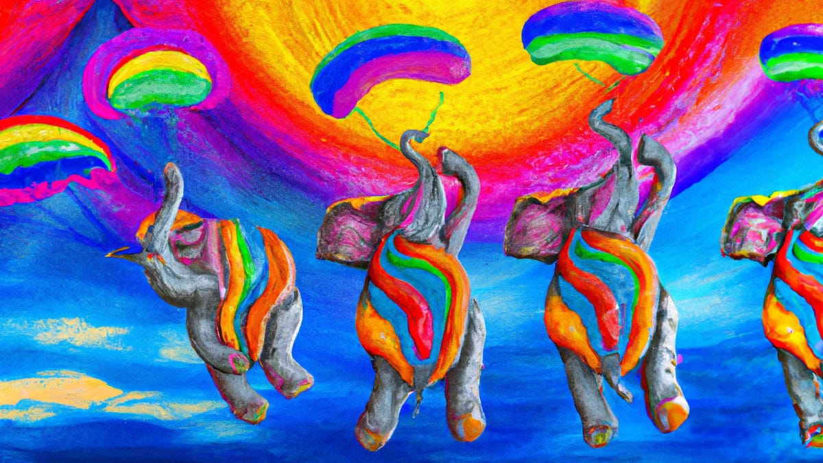 An AI-generated image of four elephants parachuting in front of a colorful sky