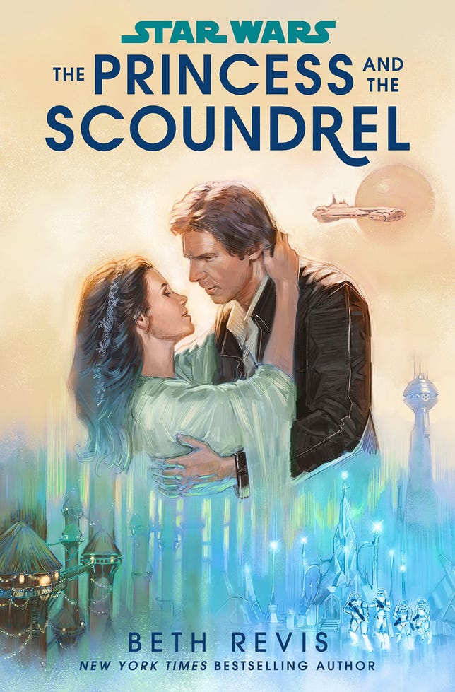 Leia Organa and Han Solo embrace on the cover of Star Wars: The Princess and the Scoundrel