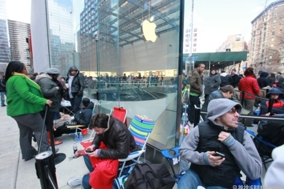 At least 200 people line up outside the Apple store on the Upper West Side of Manhattan on Friday, waiting for the iPad 2 to be released.