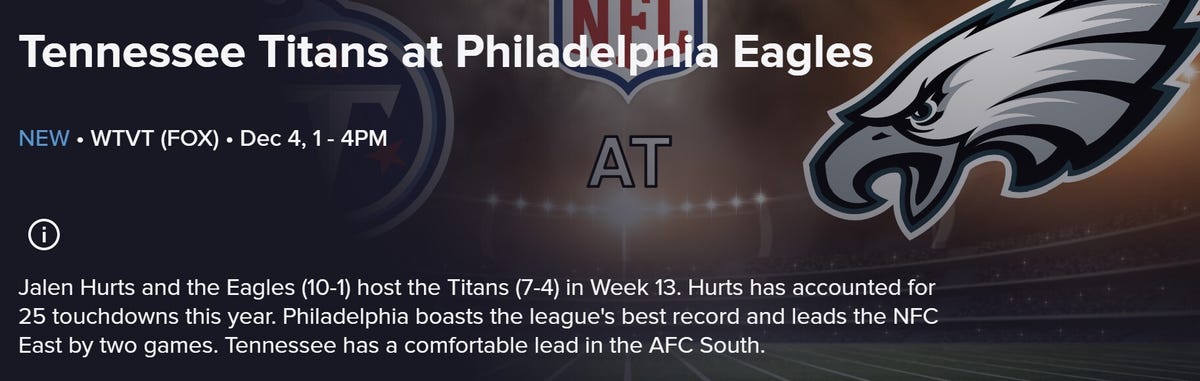 A TV program guide listing for the Titans vs. Eagles game on Fox.